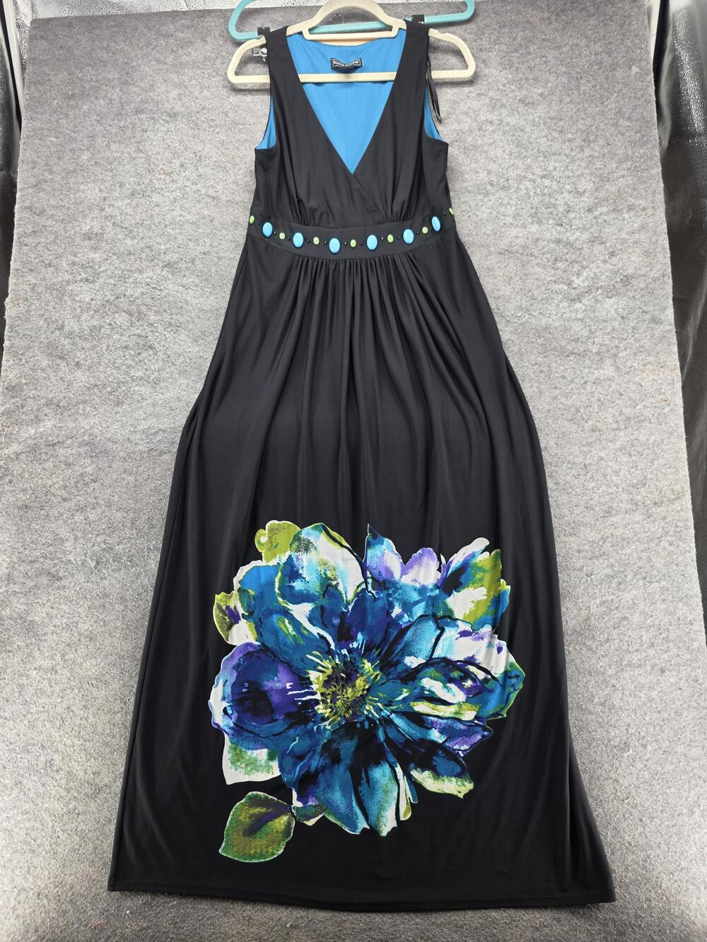 Jessica Howard Dress Womens 12 Black Maxi Tank V-Neck Floral Lined Beaded